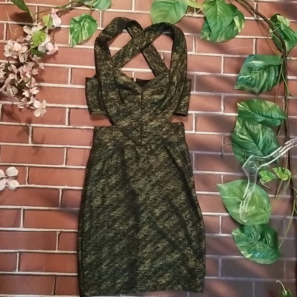 Vintage black & gold bodycon mini dress, sz sm